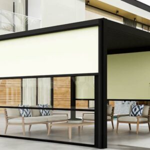 Black pergola with sun shades