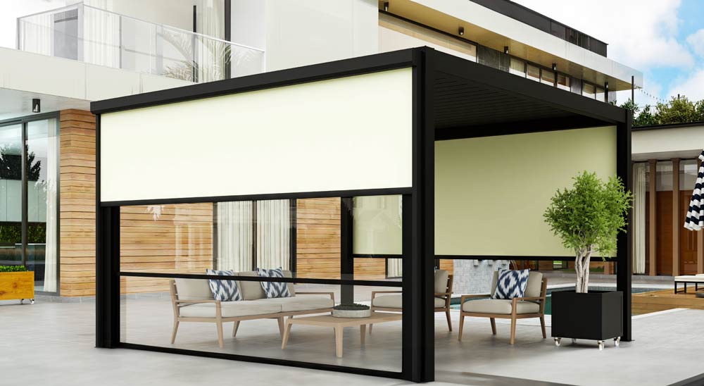 Black pergola with sun shades