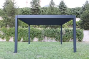 Black aluminum pergola on a lawn