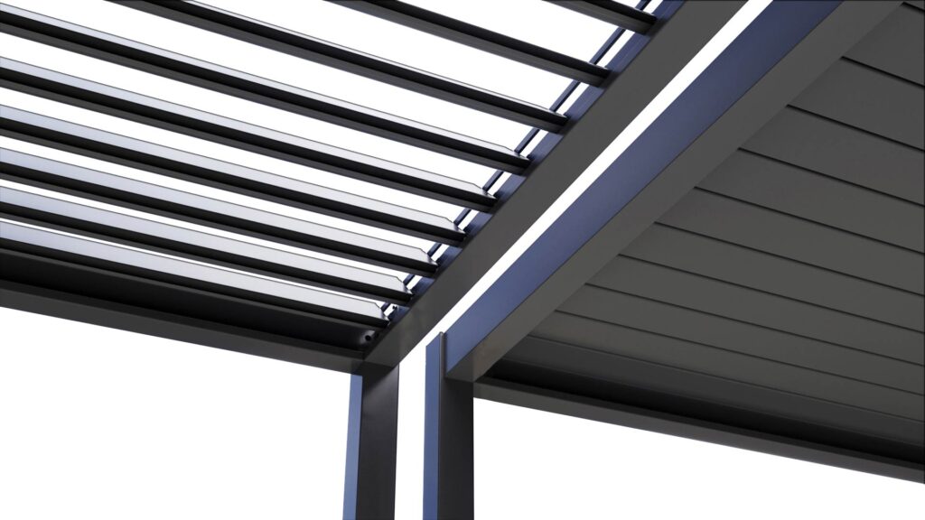 Close up of two louvered pergolas