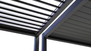 Close up of two louvered pergolas