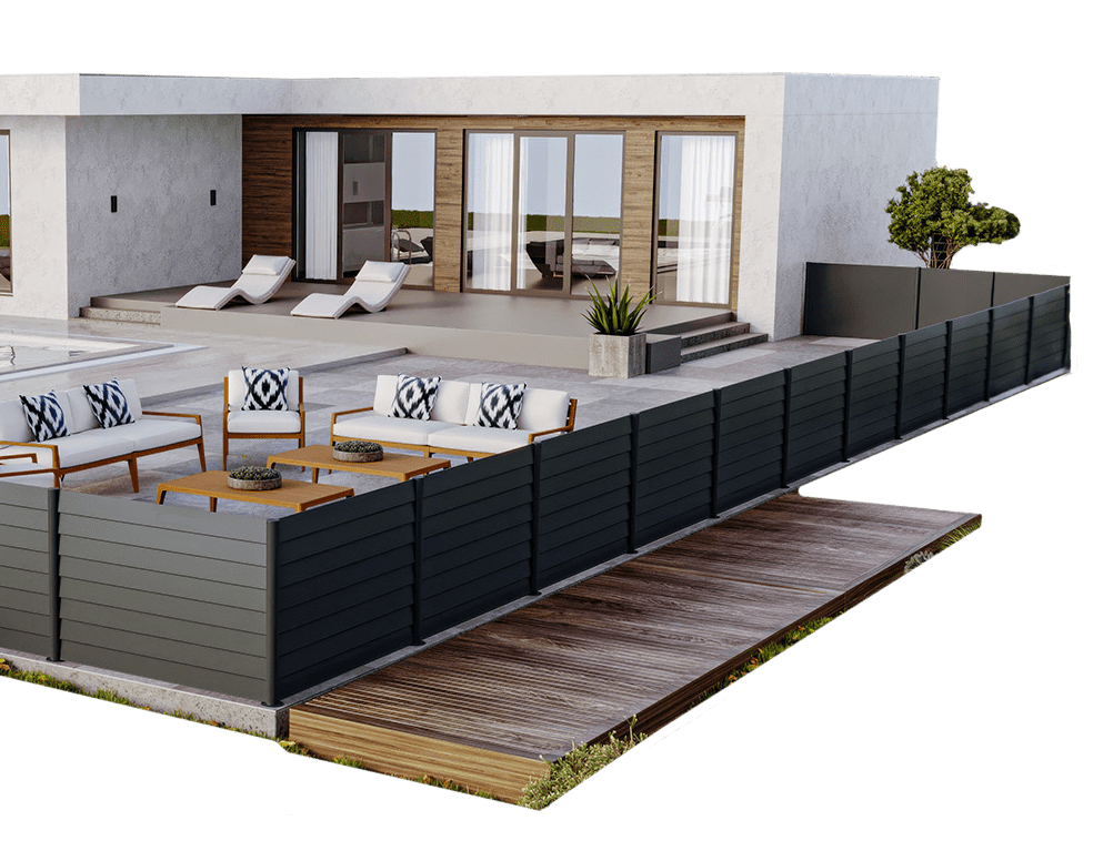 Black aluminum fence surrounding a patio