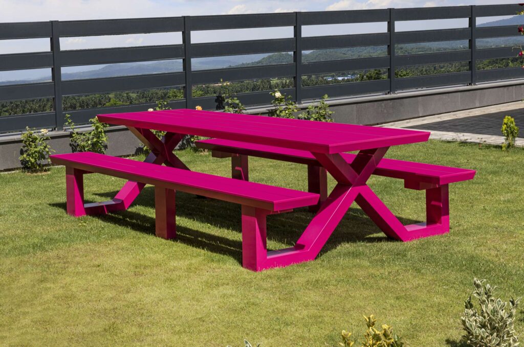 Pink picnic table