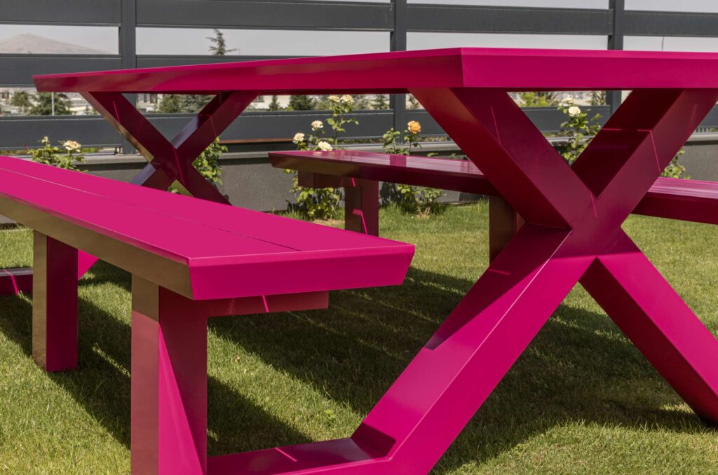 Pink aluminum picnic table