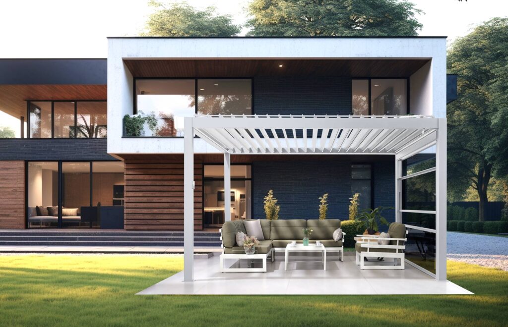 White aluminum pergola outside